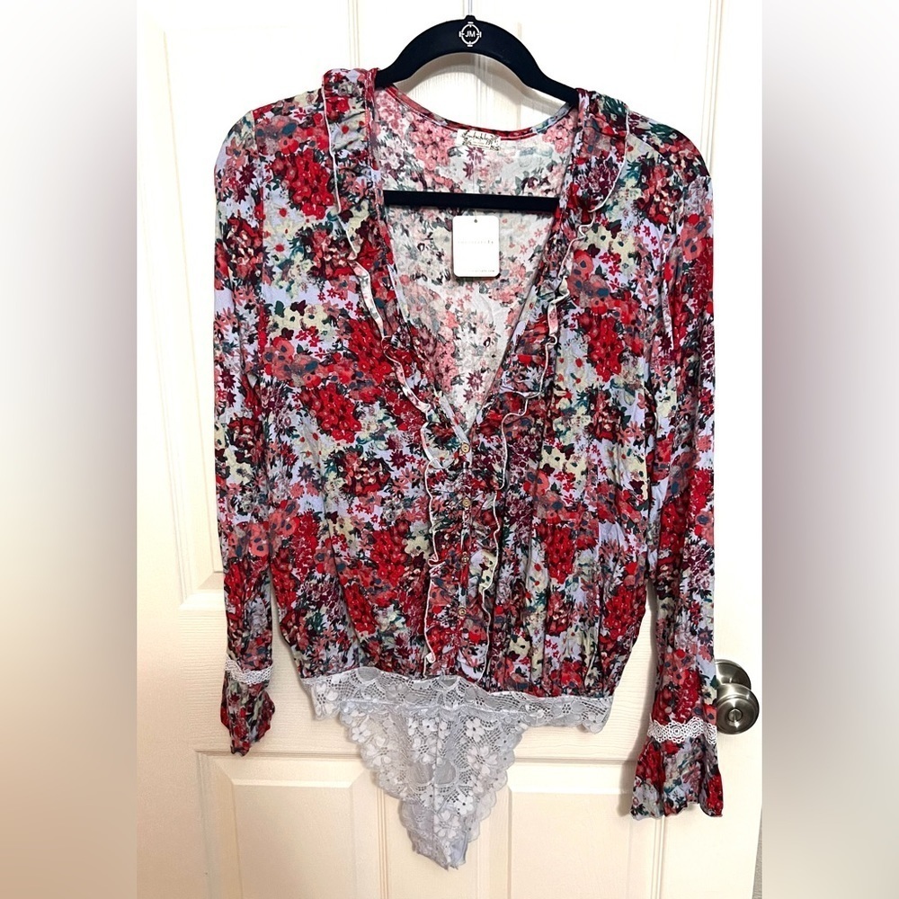 Free People Floral Ruffle V-Neck Long Sleeve Bodysuit in Red, Pink, Blue - Picture 3 of 6